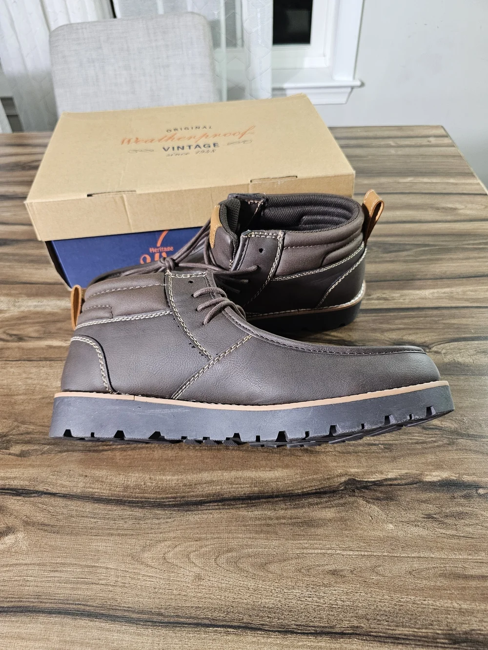 Weatherproof Men’s Dark Brown Leather Chukka Boots with Tan Pull Tabs